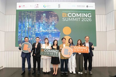 B:COMING 2026 開幕儀式嘉賓合照，匯聚來自全球的企業領袖及決策者，共同見證價值導向商業的新里程。 （左起：商界環保協會行政總裁吳家穎先生，霖灃資本有限公司董事（私募股權投資）劉智衡先生，香港痛楚管理（危疾）關懷基金創辦人及主席陳寧諄博士，投資推廣署高級副總裁（可持續發展）程嘉琳女士，Echo Asia Communications 尚亞傳訊合伙人唐志浩先生，Baba Yaga Consultancy 創辦人尹詠琴女士，Ripple Marketing 創辦人 Samantha Chung，共益實驗室（港澳）聯席主席李國華先生）